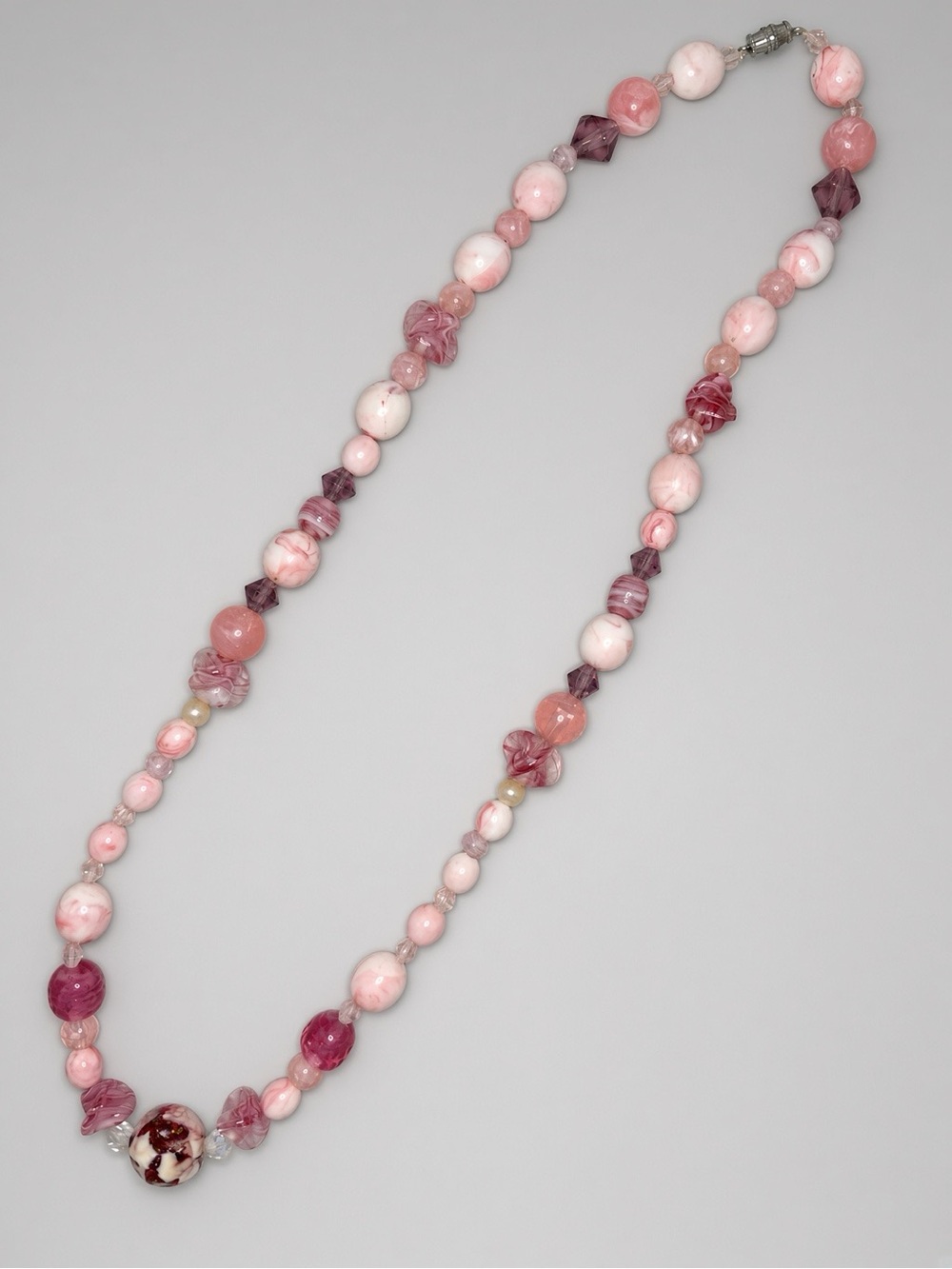Pink Marble Bead Necklace, Magenta Accents, Approx 24”, Unsigned